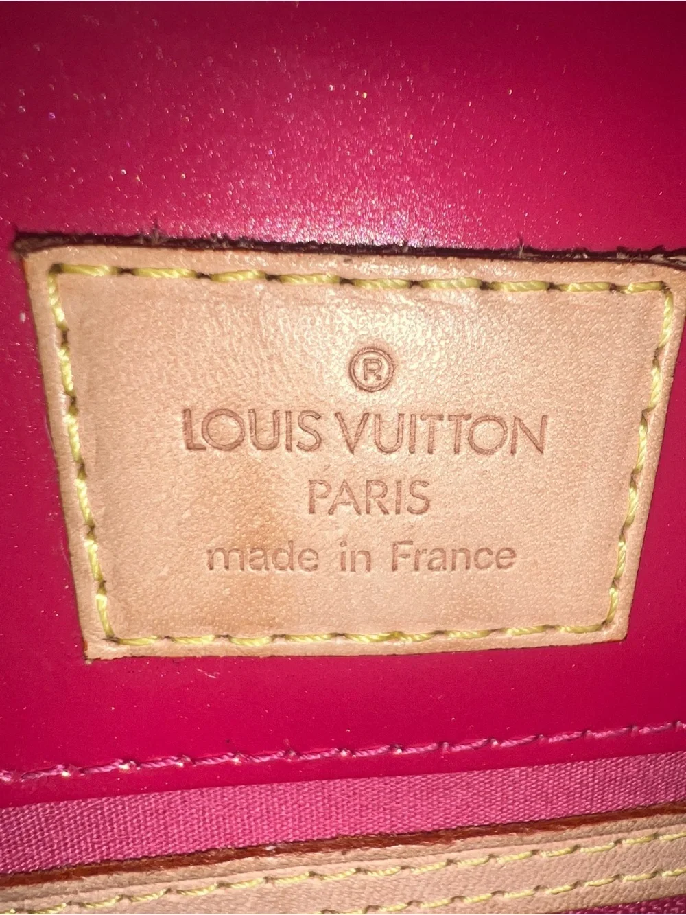 Louis Vuitton Patent Vernis Tote in Glossy Pink with Tan Handles